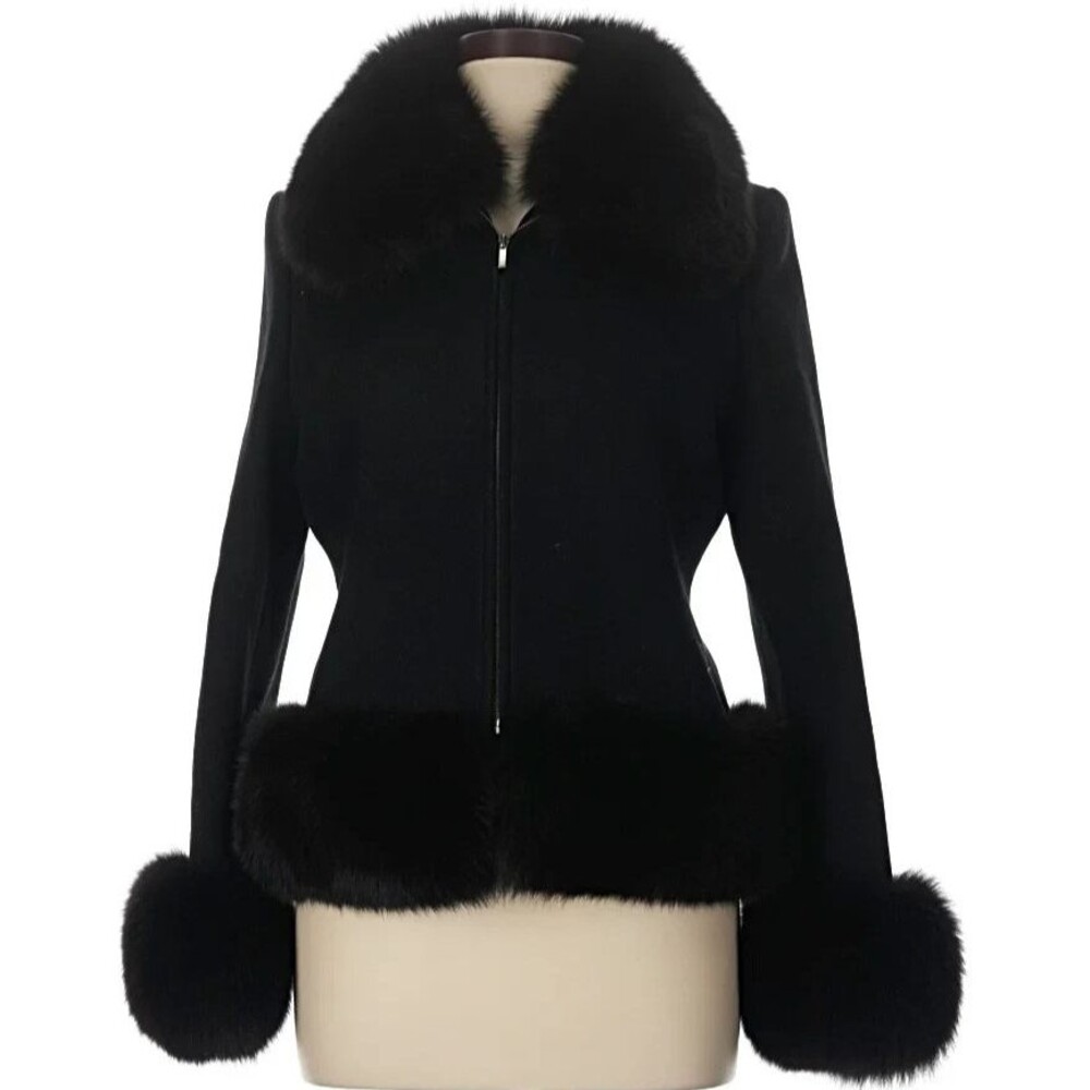 DESIGNER LINDA ALLARD ELLEN TRACY BLACK WOOL AND FOX FUR COLLAR /CUFFS COAT 10.R